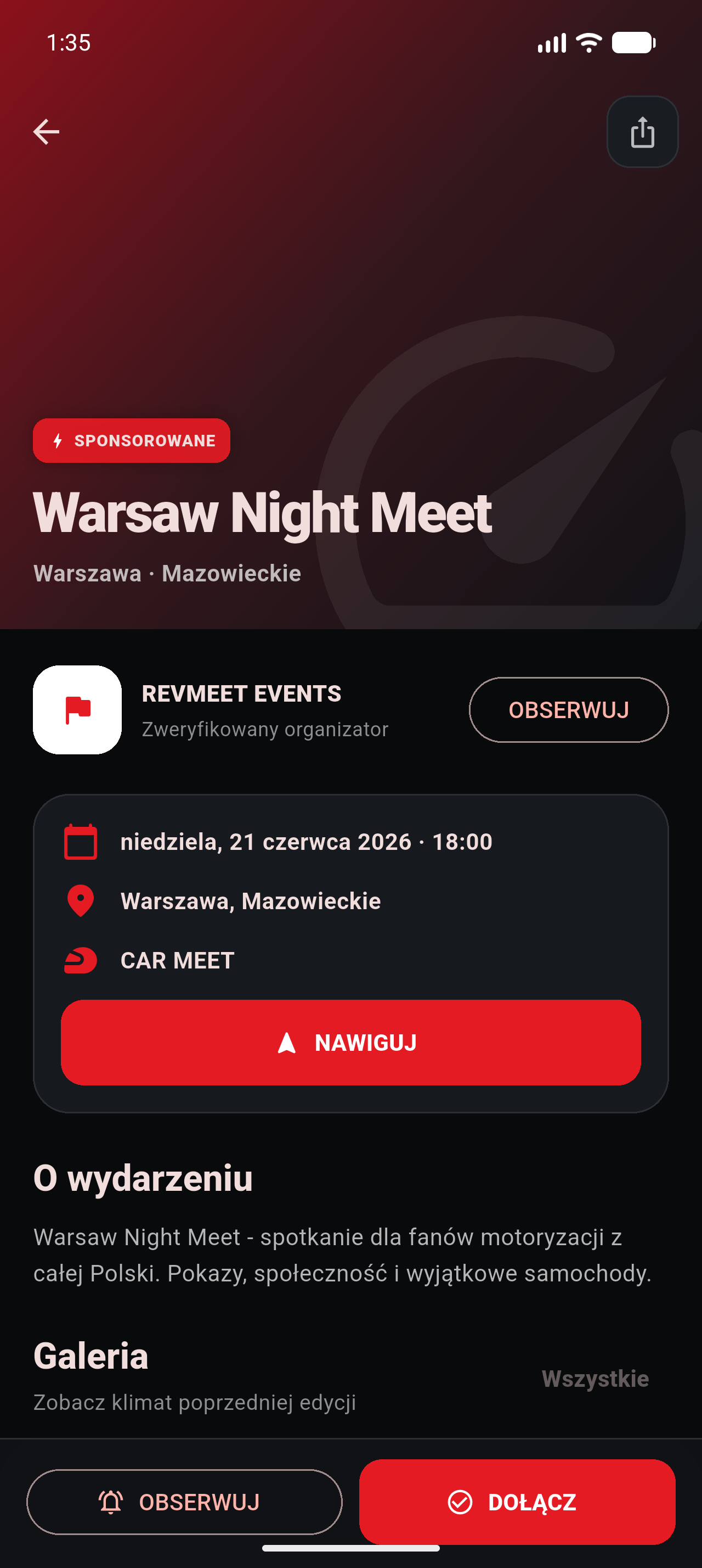 Szczegóły wydarzenia w aplikacji REVMEET
